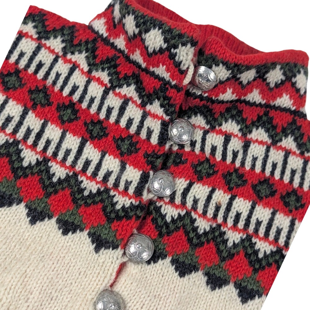 Heimen Handmade Norway Wool Fair Isle Cardigan Red Cream Ornate Buttons